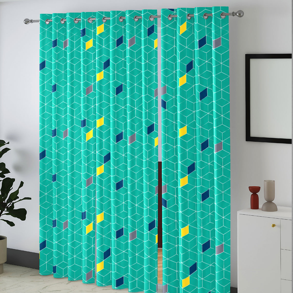 Turquoise Geometric Mosaic 330 GSM Polyester 90% Blackout Eyelet Curtain