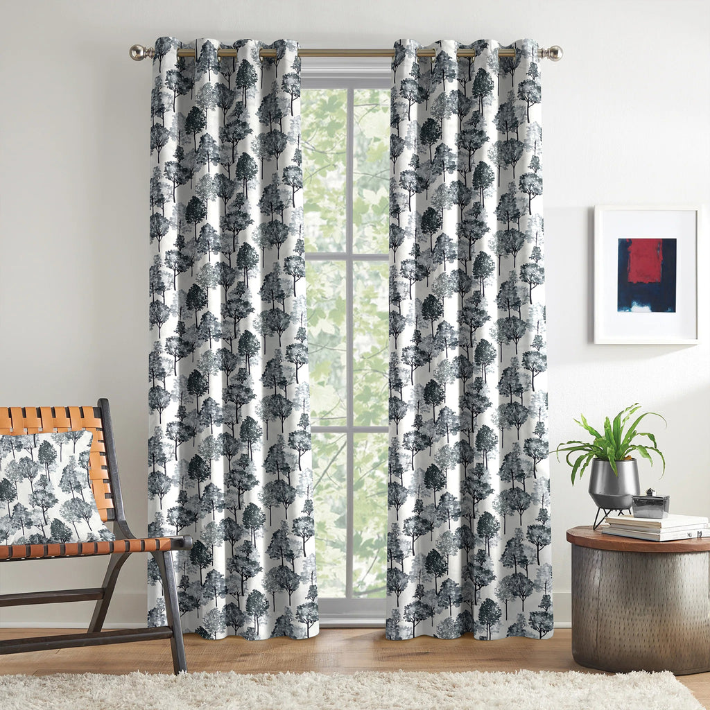 Ivory Navy Botanical Trees 330 GSM Polyester 90% Blackout Eyelet Curtain