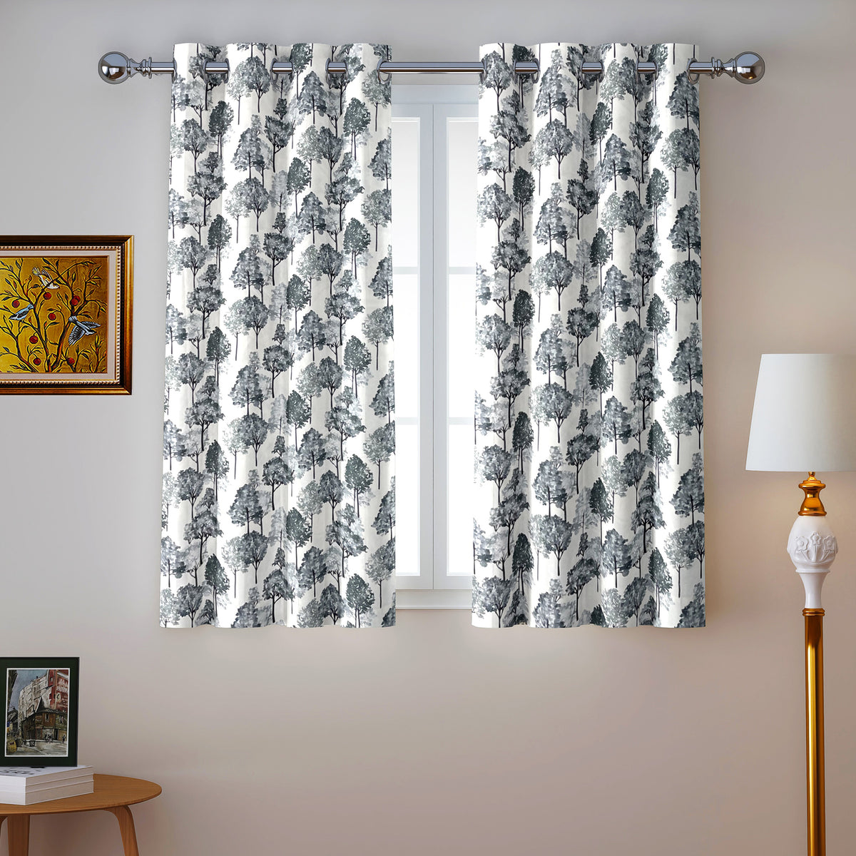 Ivory Navy Botanical Trees 330 GSM Polyester 90% Blackout Eyelet Curtain