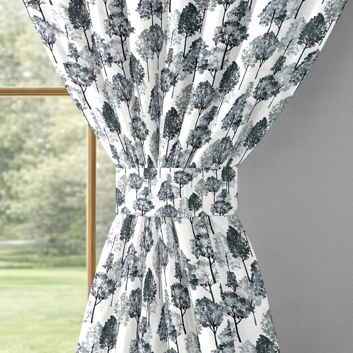 Ivory Navy Botanical Trees 330 GSM Polyester 90% Blackout Eyelet Curtain