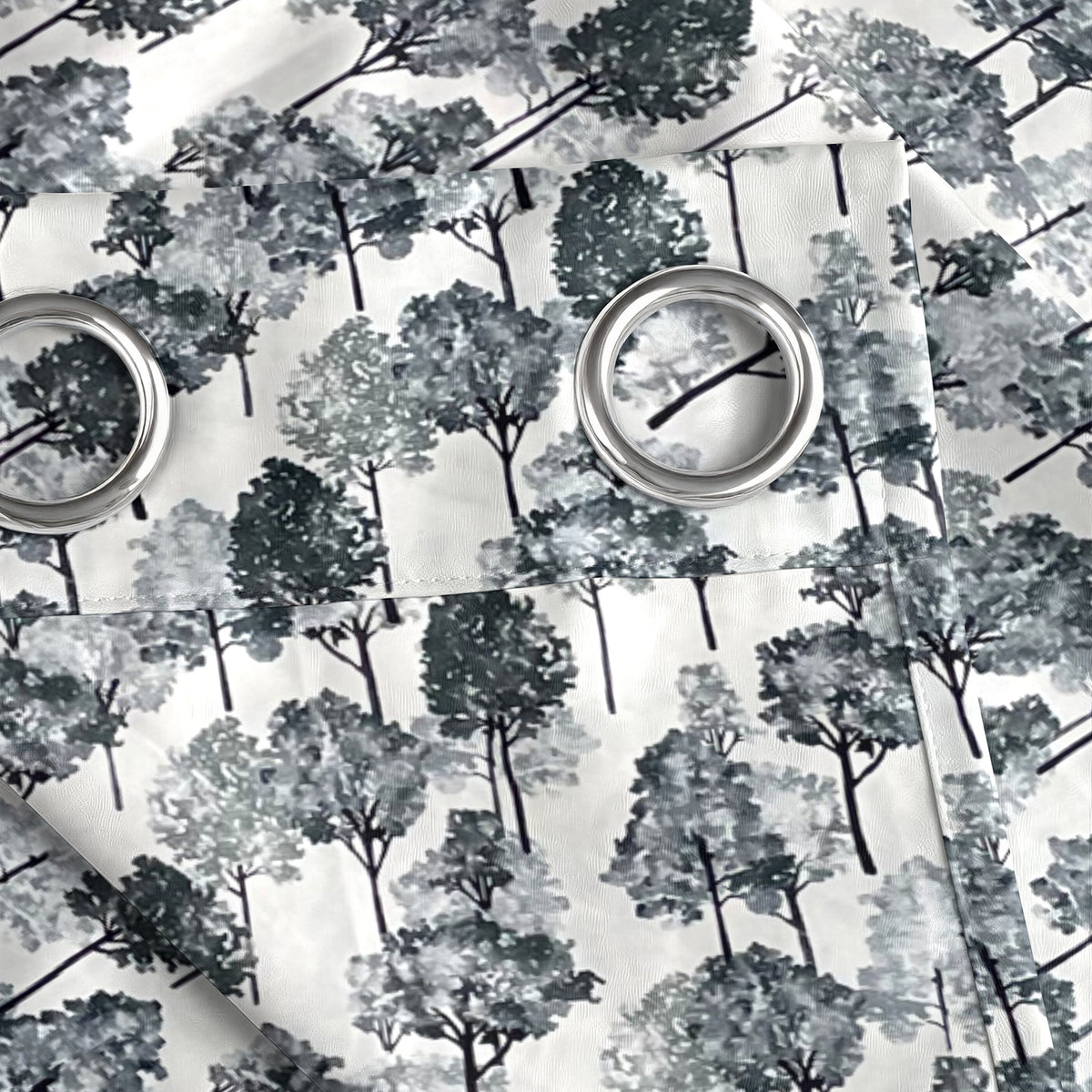 Ivory Navy Botanical Trees 330 GSM Polyester 90% Blackout Eyelet Curtain