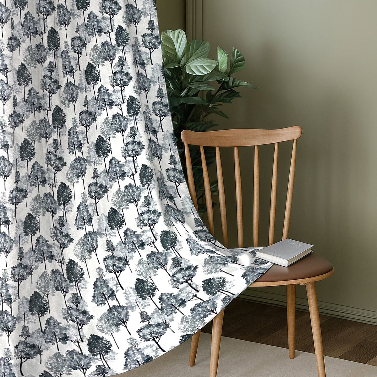 Ivory Navy Botanical Trees 330 GSM Polyester 90% Blackout Eyelet Curtain