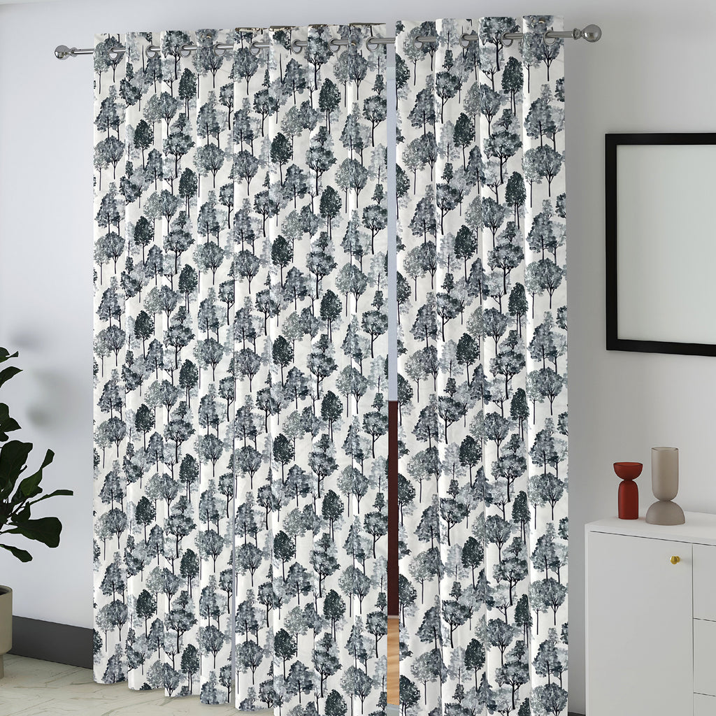 Ivory Navy Botanical Trees 330 GSM Polyester 90% Blackout Eyelet Curtain