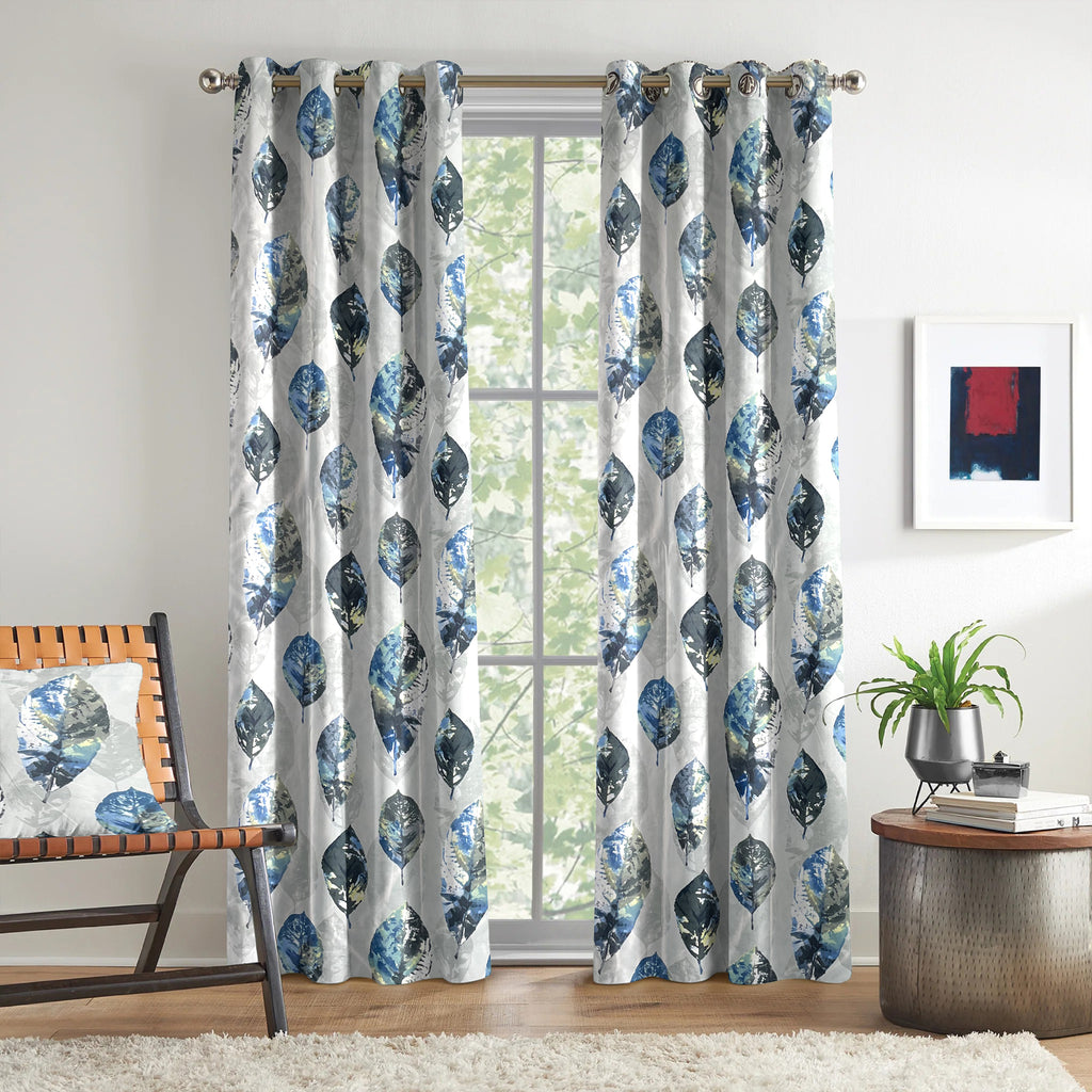 Ivory Blue Leaf Feathers 330 GSM Polyester 90% Blackout Eyelet Curtain