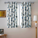 Ivory Blue Leaf Feathers 330 GSM Polyester 90% Blackout Eyelet Curtain