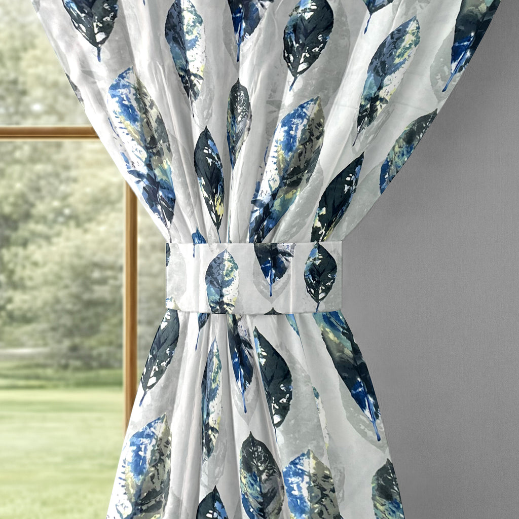 Ivory Blue Leaf Feathers 330 GSM Polyester 90% Blackout Eyelet Curtain