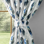 Ivory Blue Leaf Feathers 330 GSM Polyester 90% Blackout Eyelet Curtain
