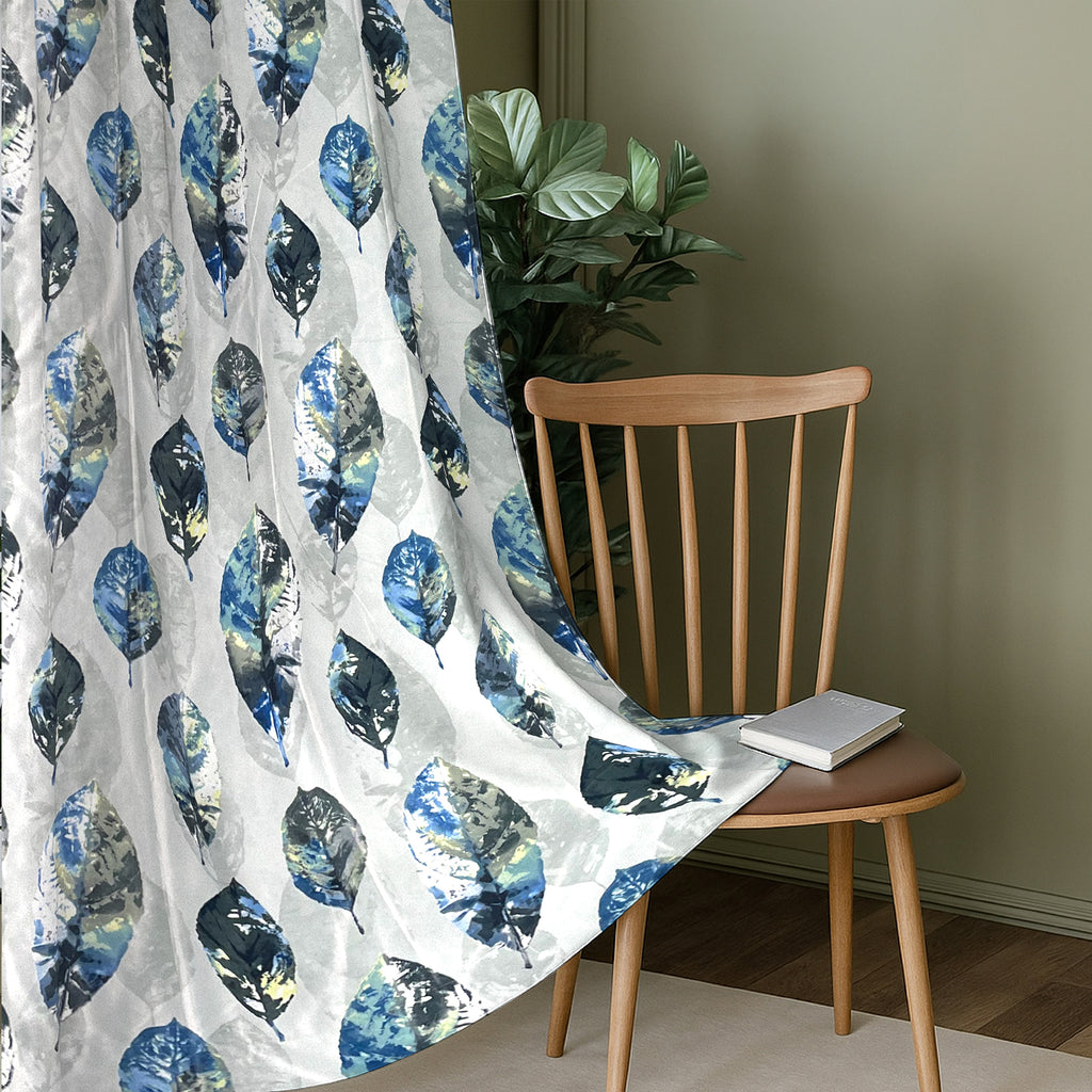Ivory Blue Leaf Feathers 330 GSM Polyester 90% Blackout Eyelet Curtain