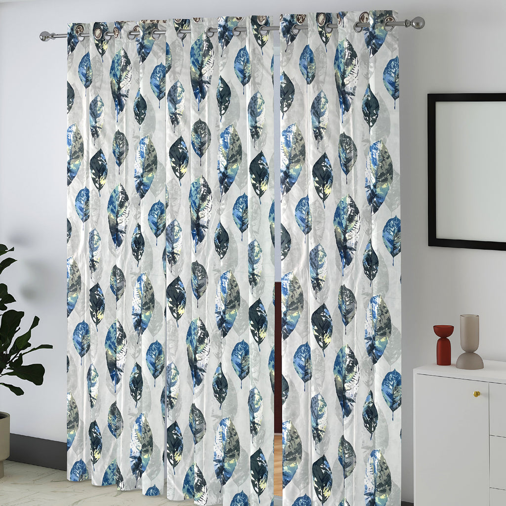 Ivory Blue Leaf Feathers 330 GSM Polyester 90% Blackout Eyelet Curtain