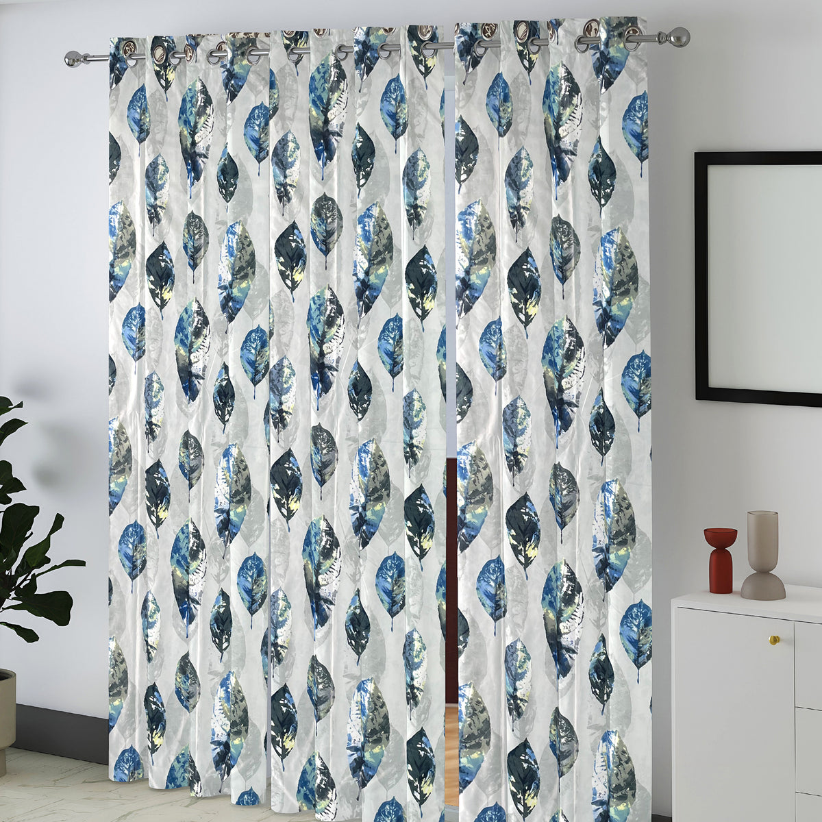 Ivory Blue Leaf Feathers 330 GSM Polyester 90% Blackout Eyelet Curtain