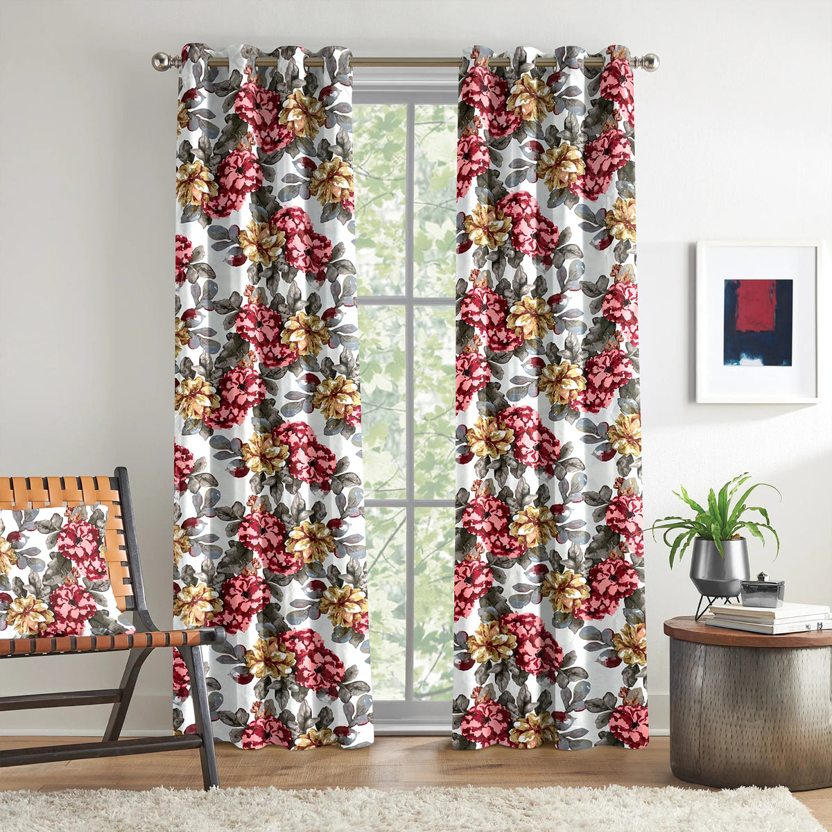 Ivory Multicolour Floral Garden 330 GSM Polyester 90% Blackout Eyelet Curtain