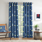 Navy Multicolour Geometric Blocks 330 GSM Polyester 90% Blackout Eyelet Curtain