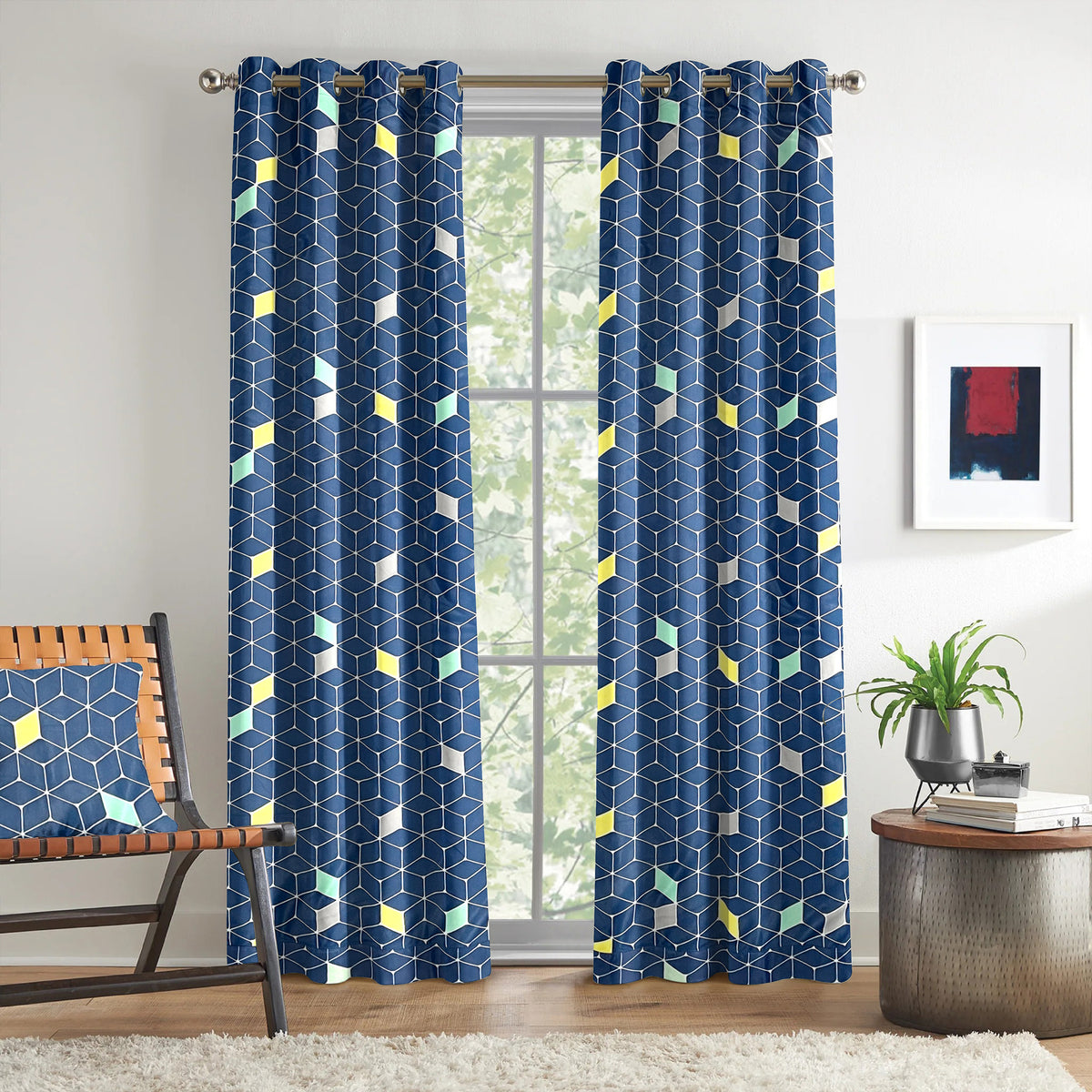 Navy Multicolour Geometric Blocks 330 GSM Polyester 90% Blackout Eyelet Curtain