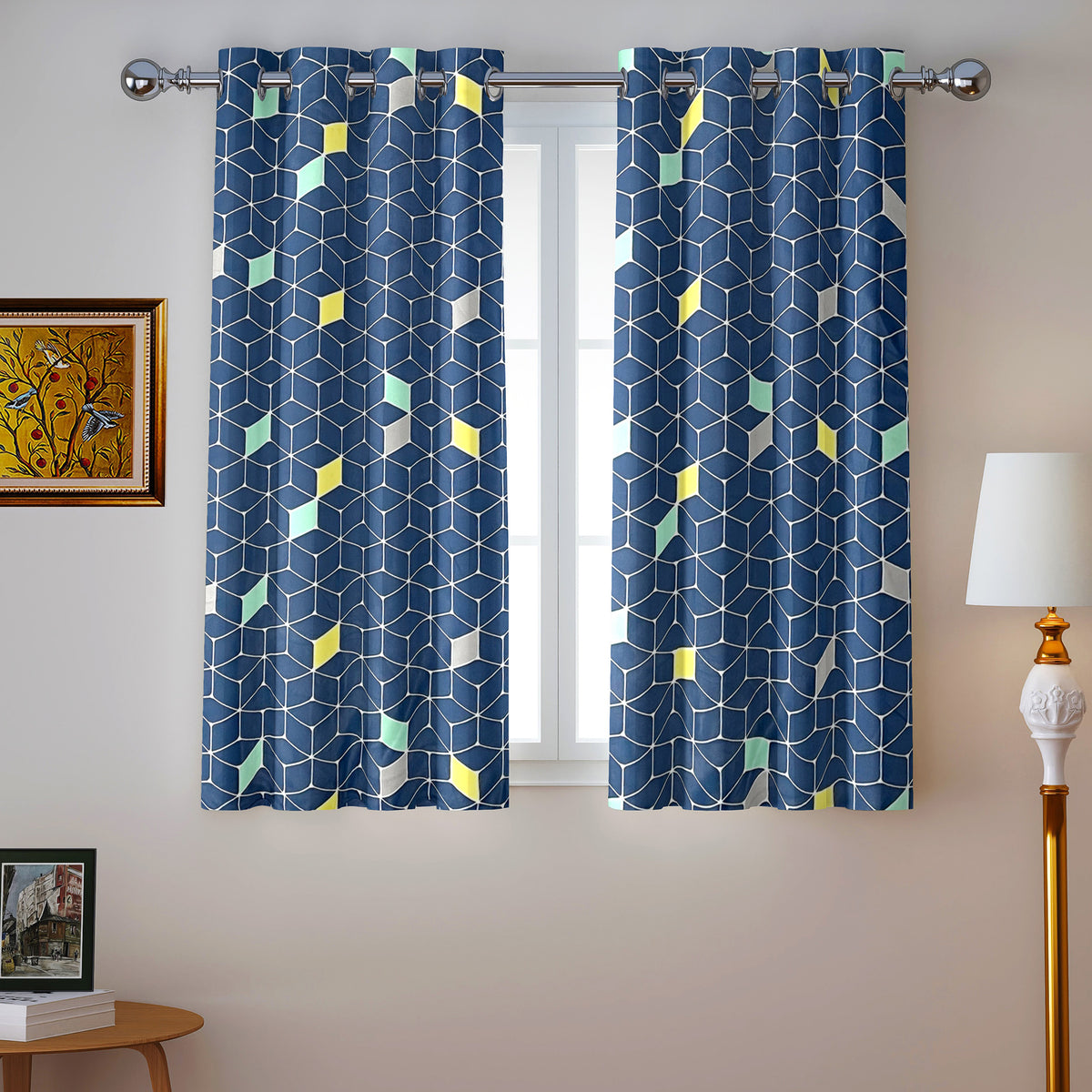 Navy Multicolour Geometric Blocks 330 GSM Polyester 90% Blackout Eyelet Curtain