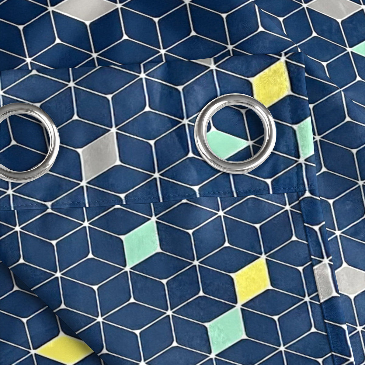 Navy Multicolour Geometric Blocks 330 GSM Polyester 90% Blackout Eyelet Curtain