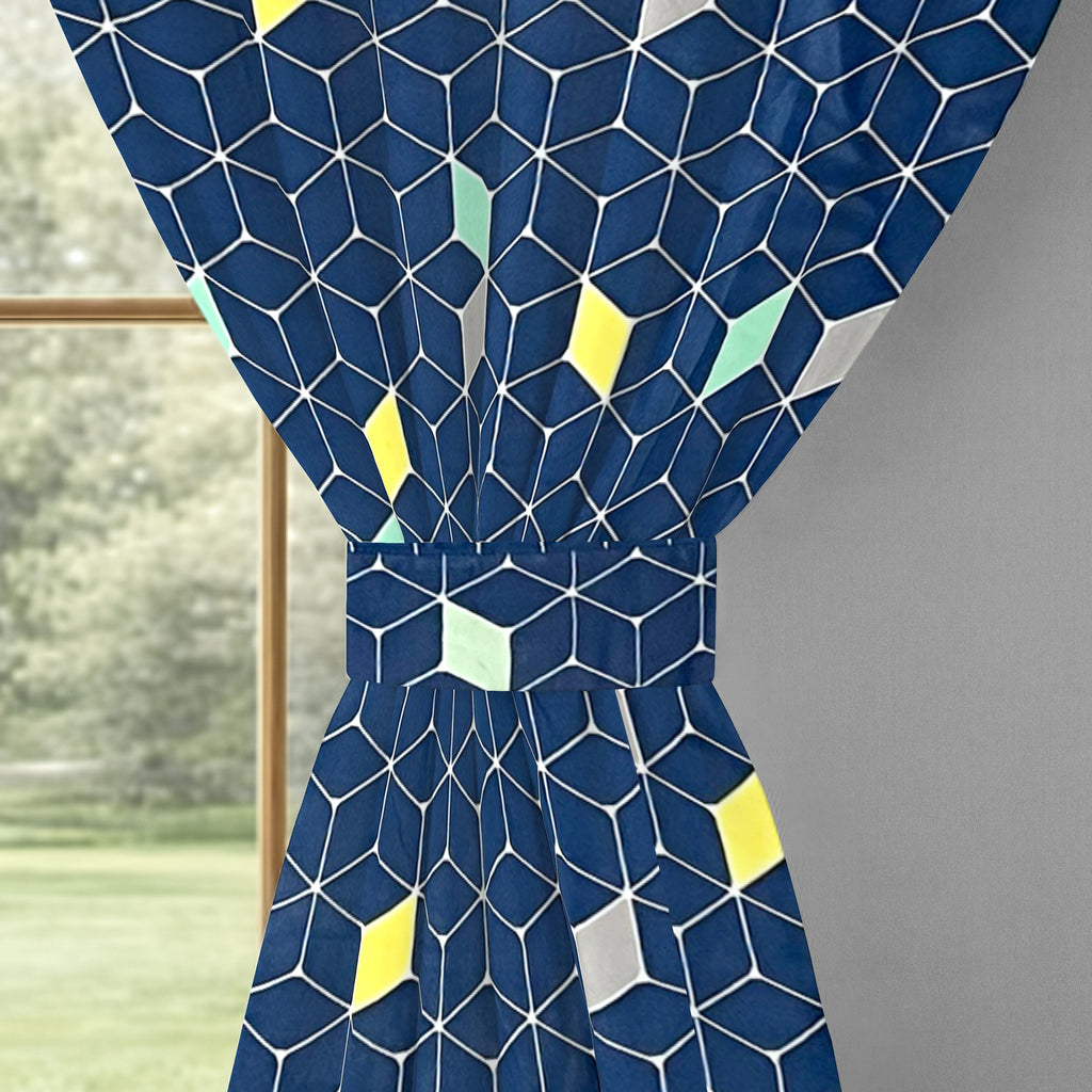 Navy Multicolour Geometric Blocks 330 GSM Polyester 90% Blackout Eyelet Curtain