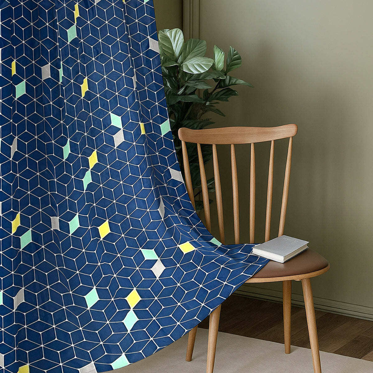 Navy Multicolour Geometric Blocks 330 GSM Polyester 90% Blackout Eyelet Curtain