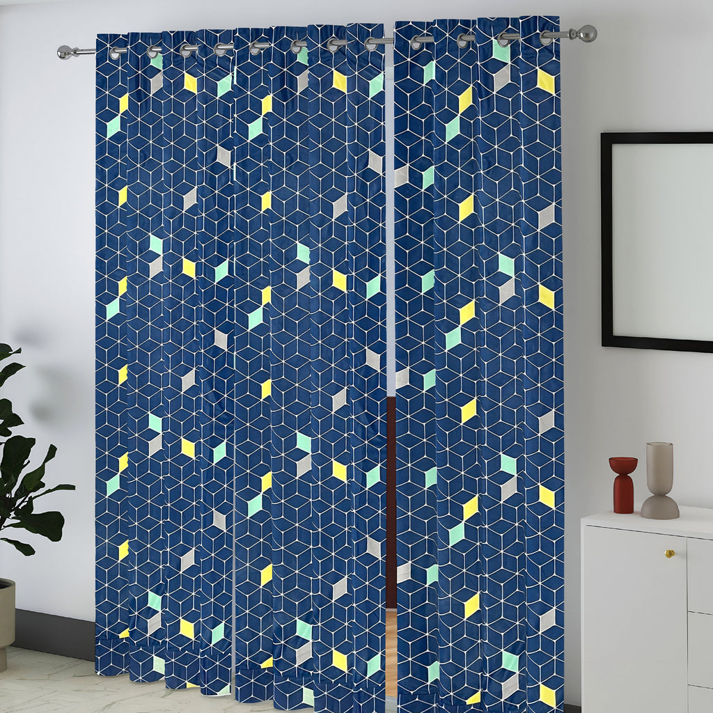 Navy Multicolour Geometric Blocks 330 GSM Polyester 90% Blackout Eyelet Curtain
