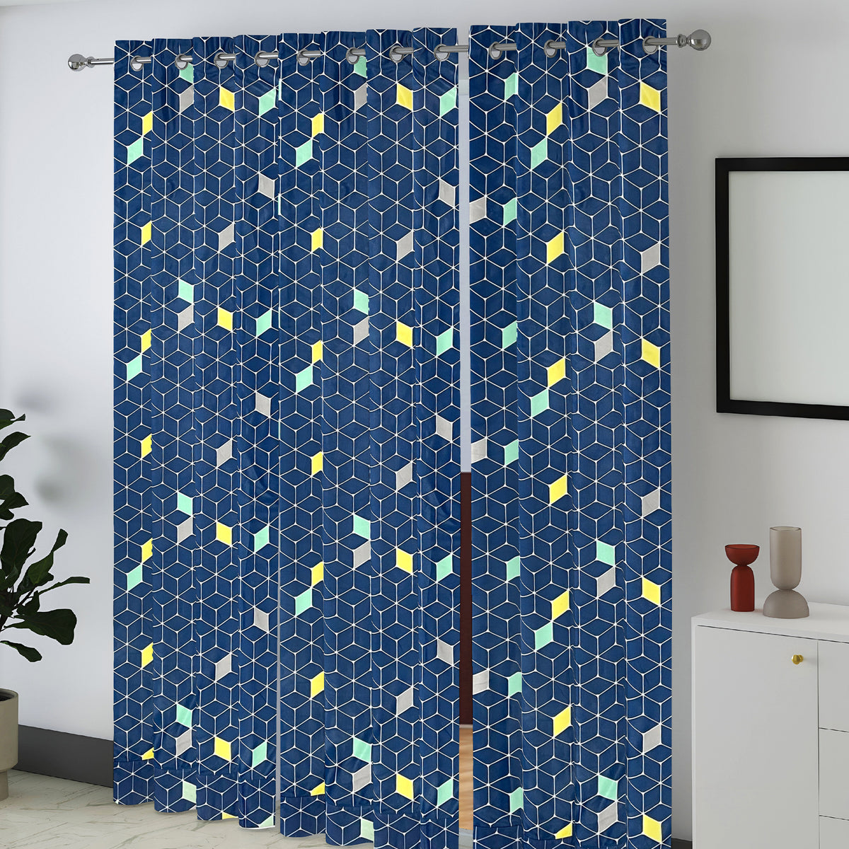 Navy Multicolour Geometric Blocks 330 GSM Polyester 90% Blackout Eyelet Curtain