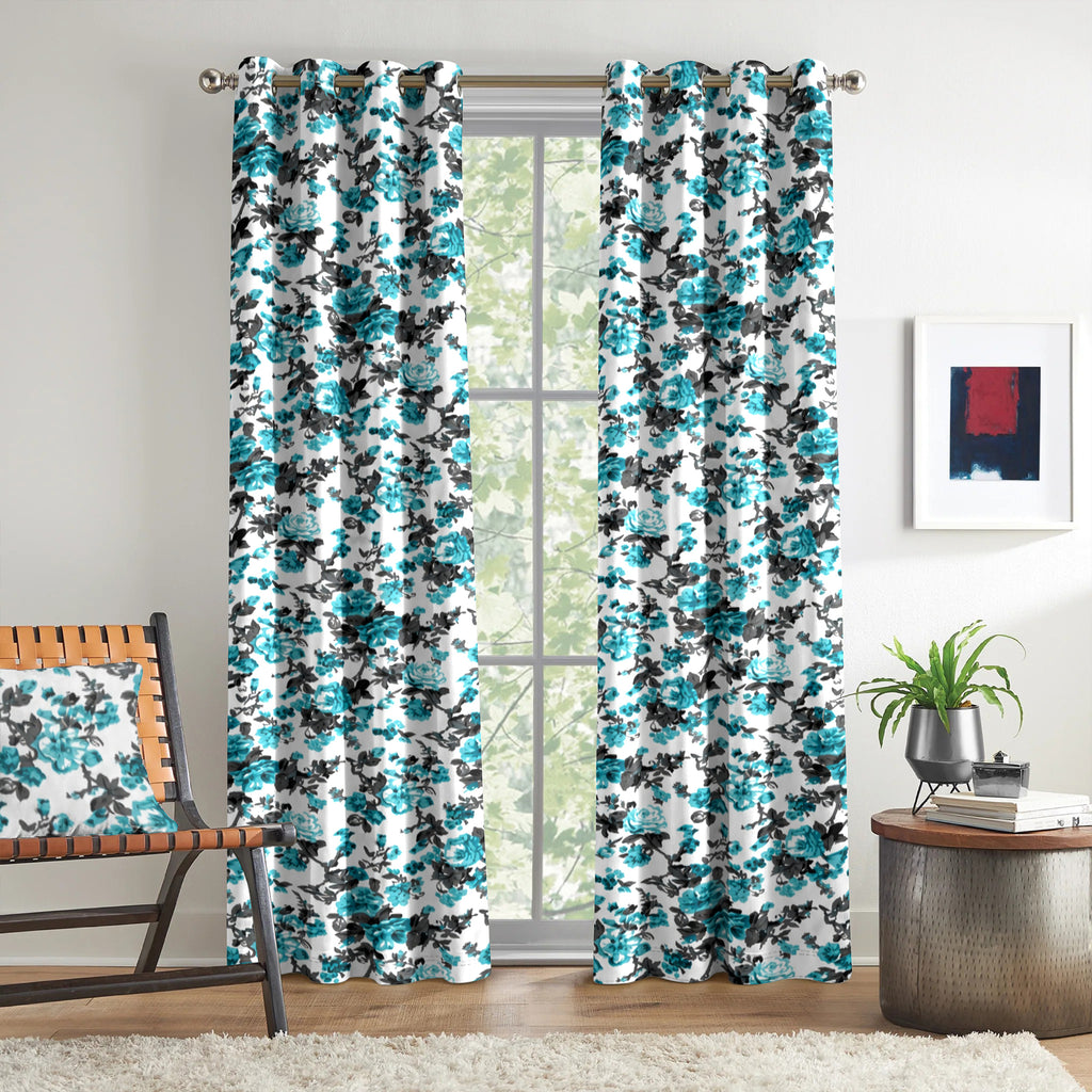 Ivory Teal Floral Cascade 330 GSM Polyester 90% Blackout Eyelet Curtain