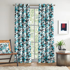 Ivory Teal Floral Cascade 330 GSM Polyester 90% Blackout Eyelet Curtain