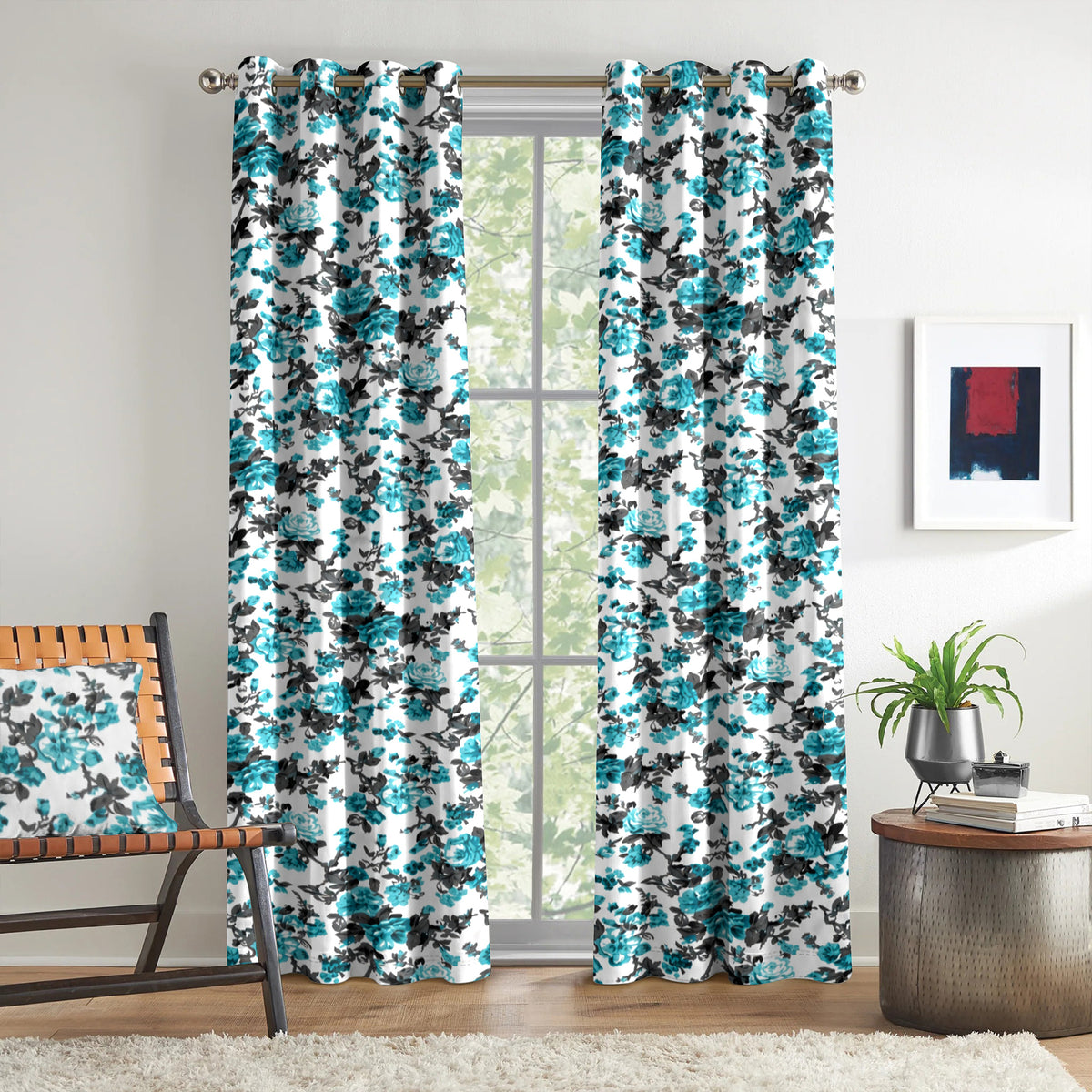 Ivory Teal Floral Cascade 330 GSM Polyester 90% Blackout Eyelet Curtain