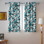 Ivory Teal Floral Cascade 330 GSM Polyester 90% Blackout Eyelet Curtain