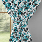 Ivory Teal Floral Cascade 330 GSM Polyester 90% Blackout Eyelet Curtain