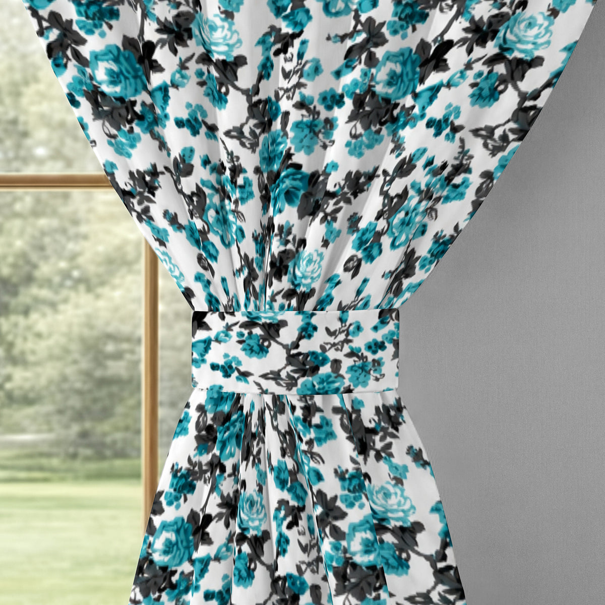 Ivory Teal Floral Cascade 330 GSM Polyester 90% Blackout Eyelet Curtain