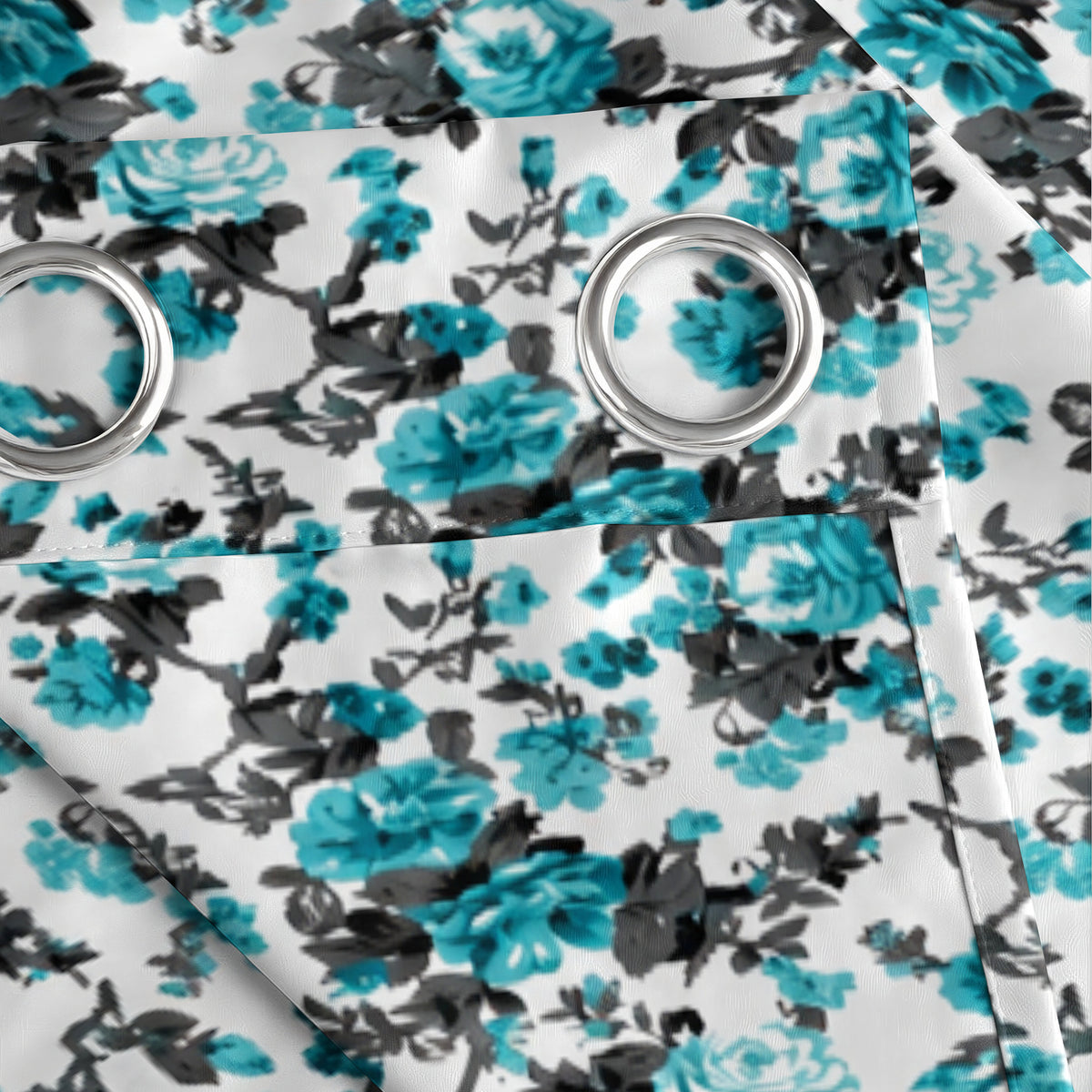 Ivory Teal Floral Cascade 330 GSM Polyester 90% Blackout Eyelet Curtain
