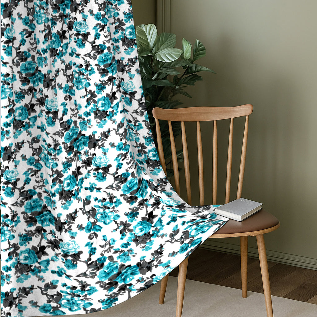 Ivory Teal Floral Cascade 330 GSM Polyester 90% Blackout Eyelet Curtain