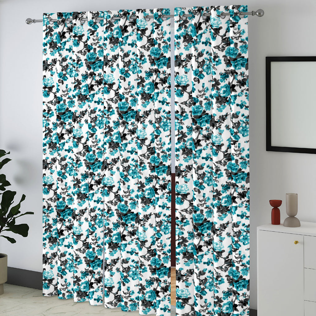 Ivory Teal Floral Cascade 330 GSM Polyester 90% Blackout Eyelet Curtain