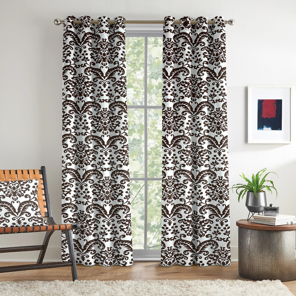 Ivory Brown Regal Damask 330 GSM Polyester 90% Blackout Eyelet Curtain