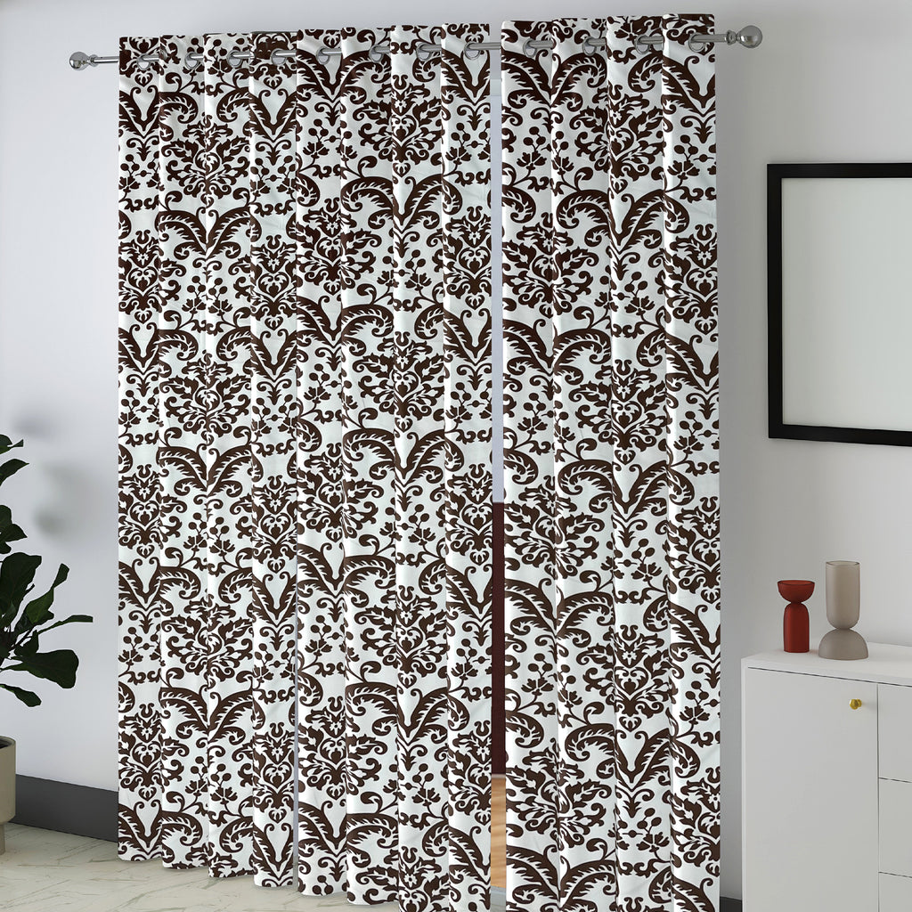 Ivory Brown Regal Damask 330 GSM Polyester 90% Blackout Eyelet Curtain