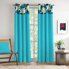 Turquoise Floral Border 250 GSM Polyester 100% Blackout Eyelet Curtain