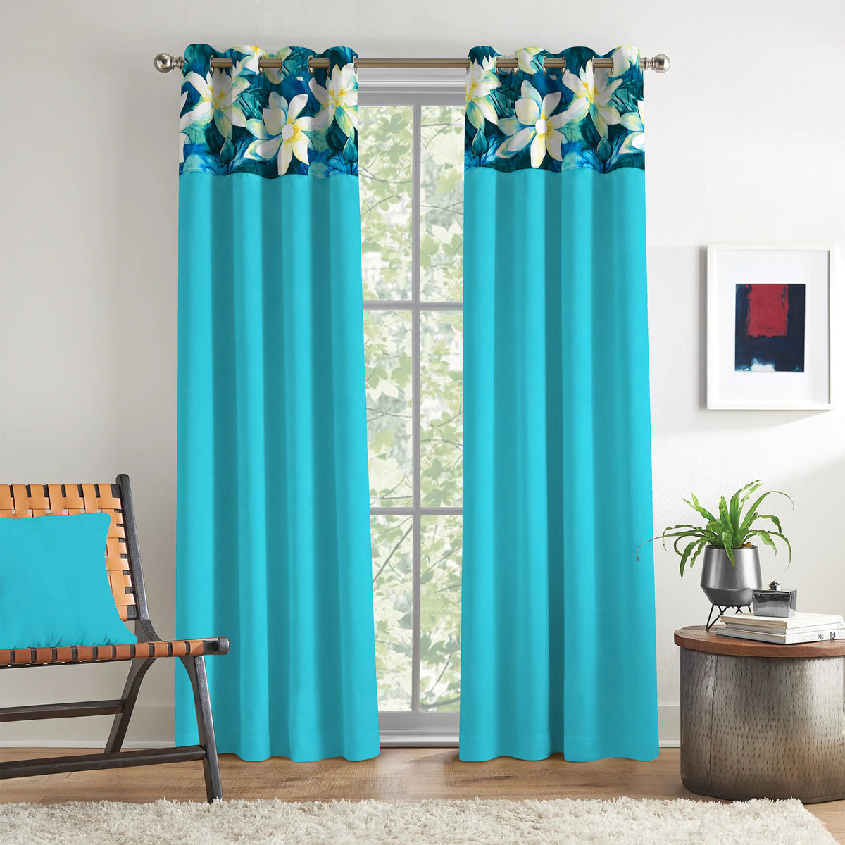 Turquoise Floral Border 250 GSM Polyester 100% Blackout Eyelet Curtain