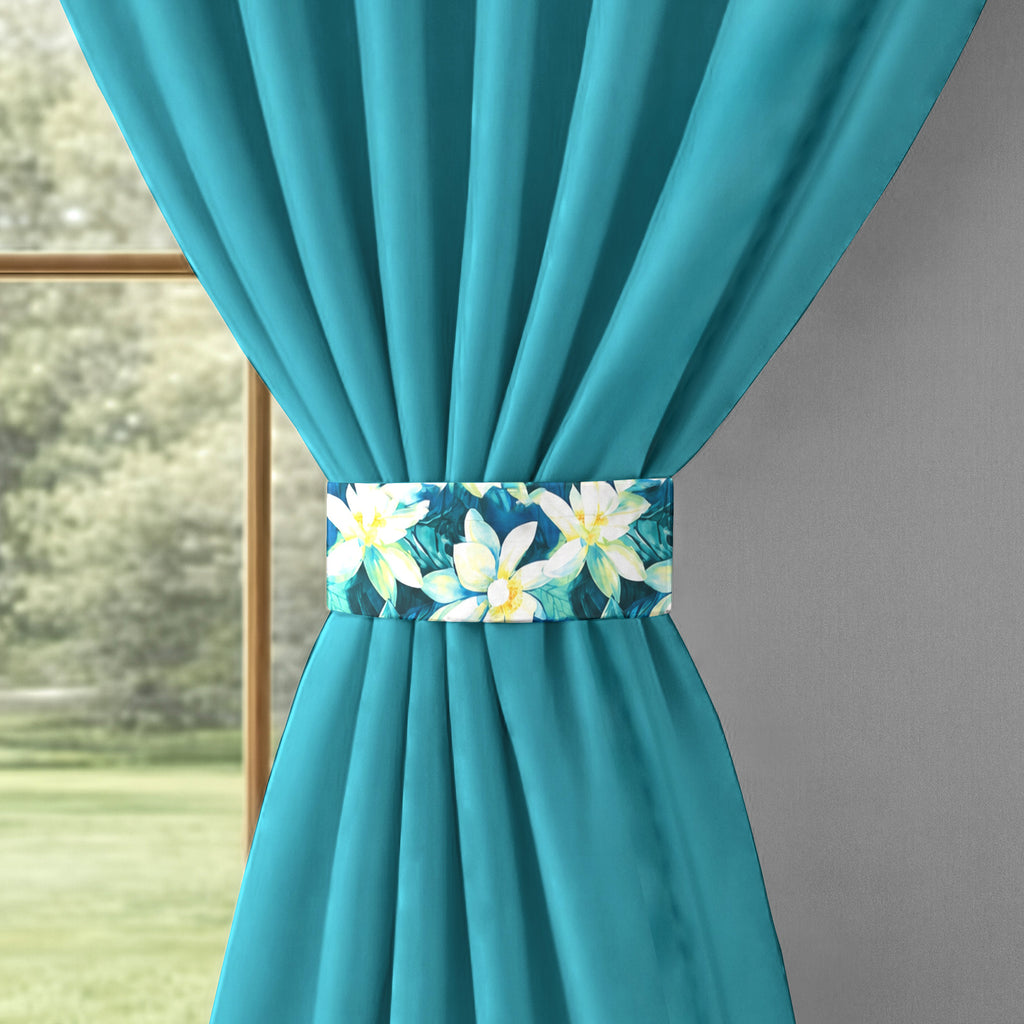 Turquoise Floral Border 250 GSM Polyester 100% Blackout Eyelet Curtain