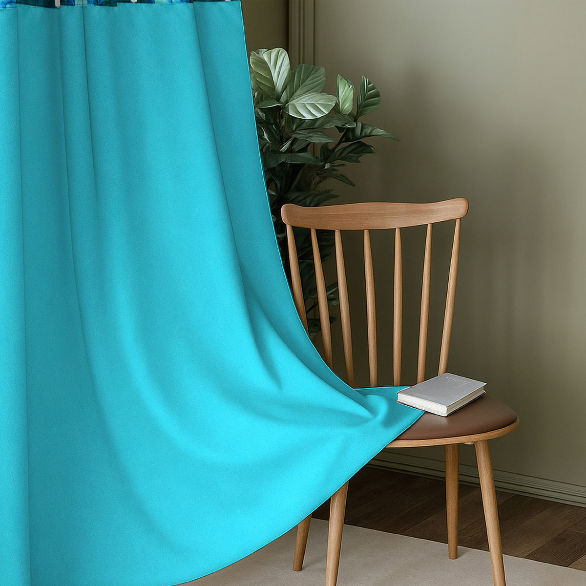 Turquoise Floral Border 250 GSM Polyester 100% Blackout Eyelet Curtain