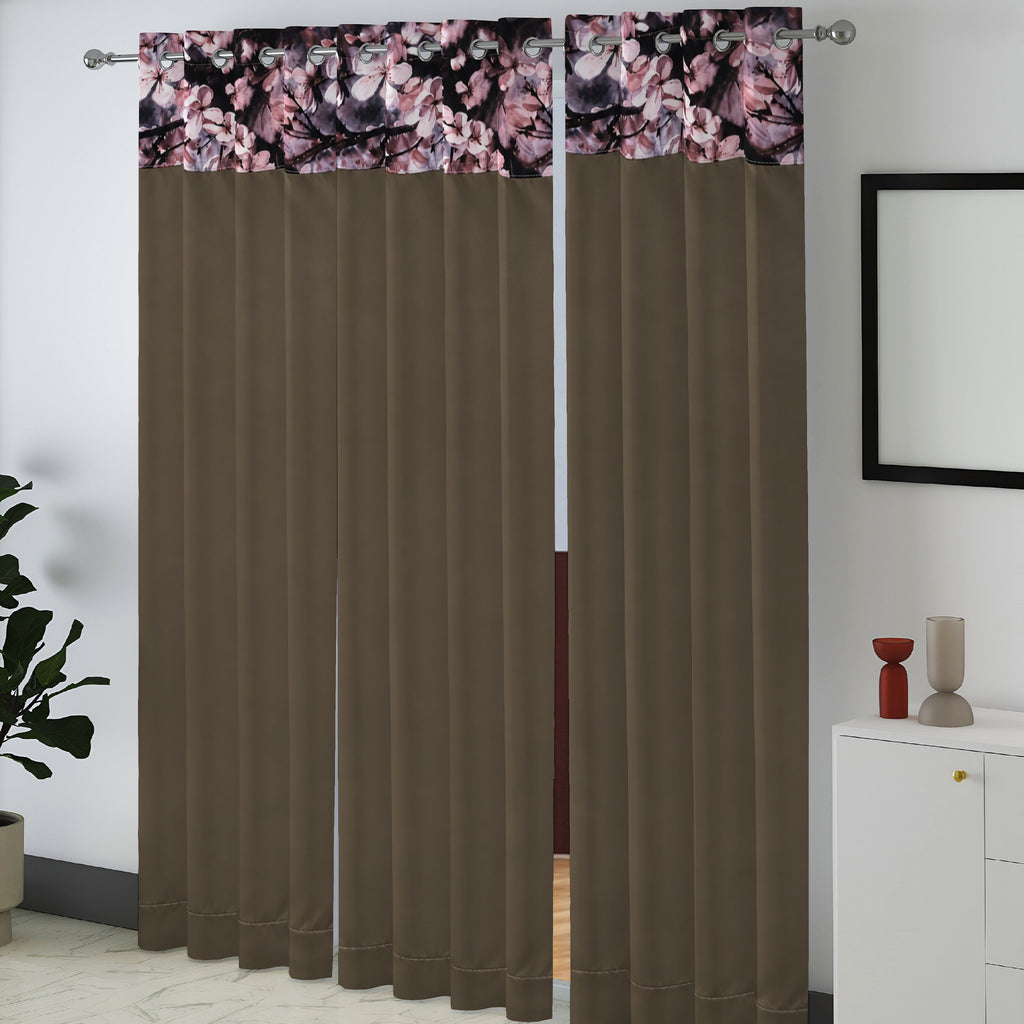 Taupe Grey Abstract Border 250 GSM Polyester 100% Blackout Eyelet Curtain