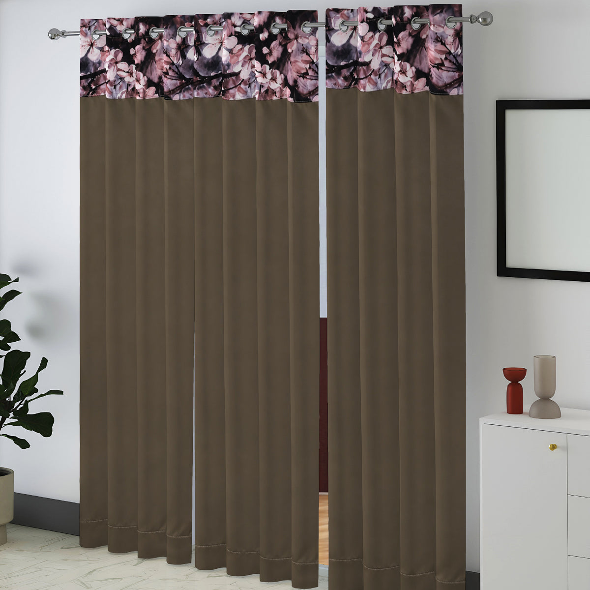 Taupe Grey Abstract Border 250 GSM Polyester 100% Blackout Eyelet Curtain