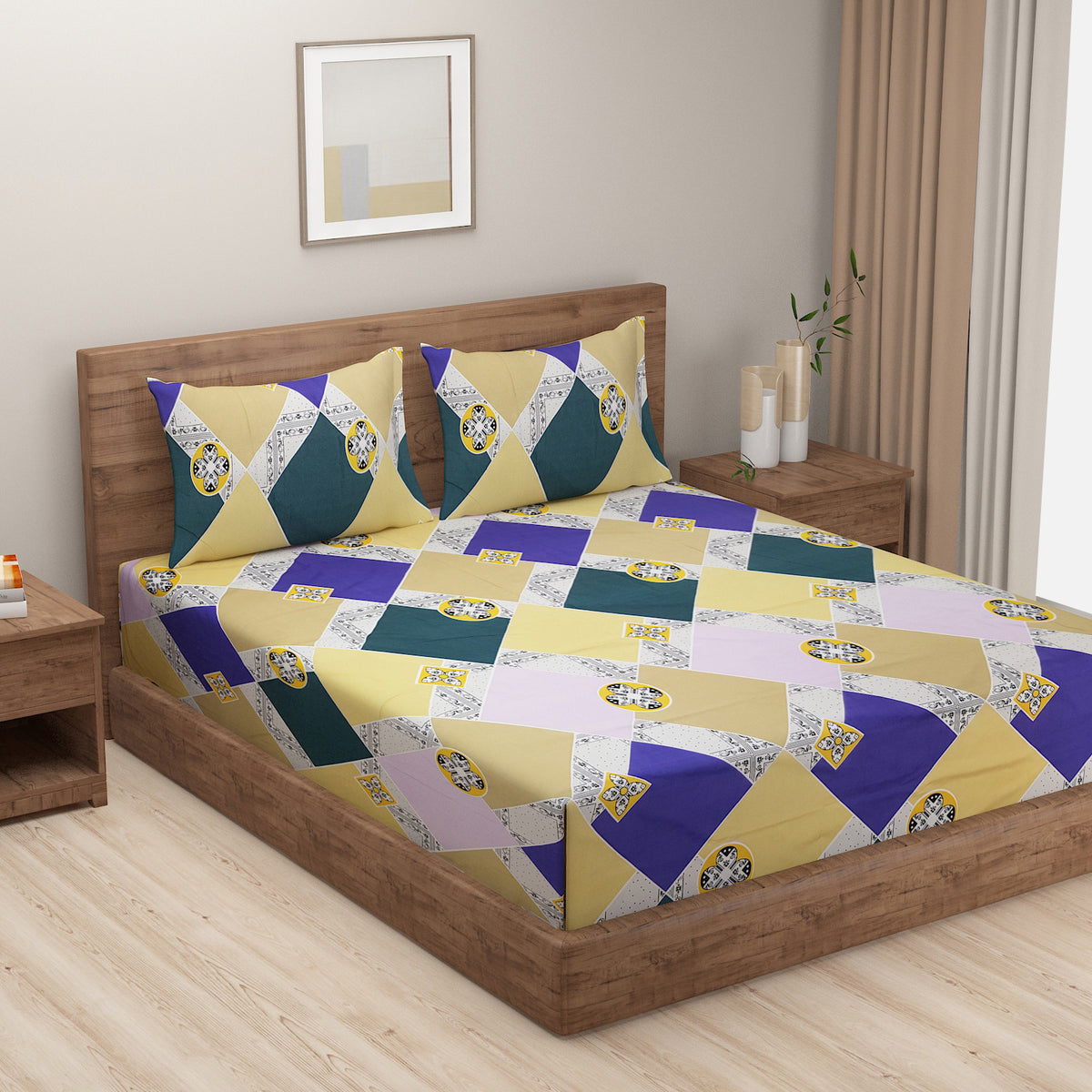Modern Mosaic 180 TC Blended Cotton Bedsheet Set with Pillow Cover