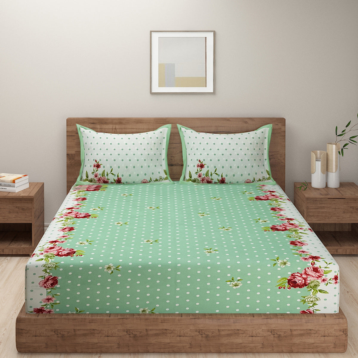 Mint Rose Polka 180 TC Blended Cotton Bedsheet Set with Pillow Cover