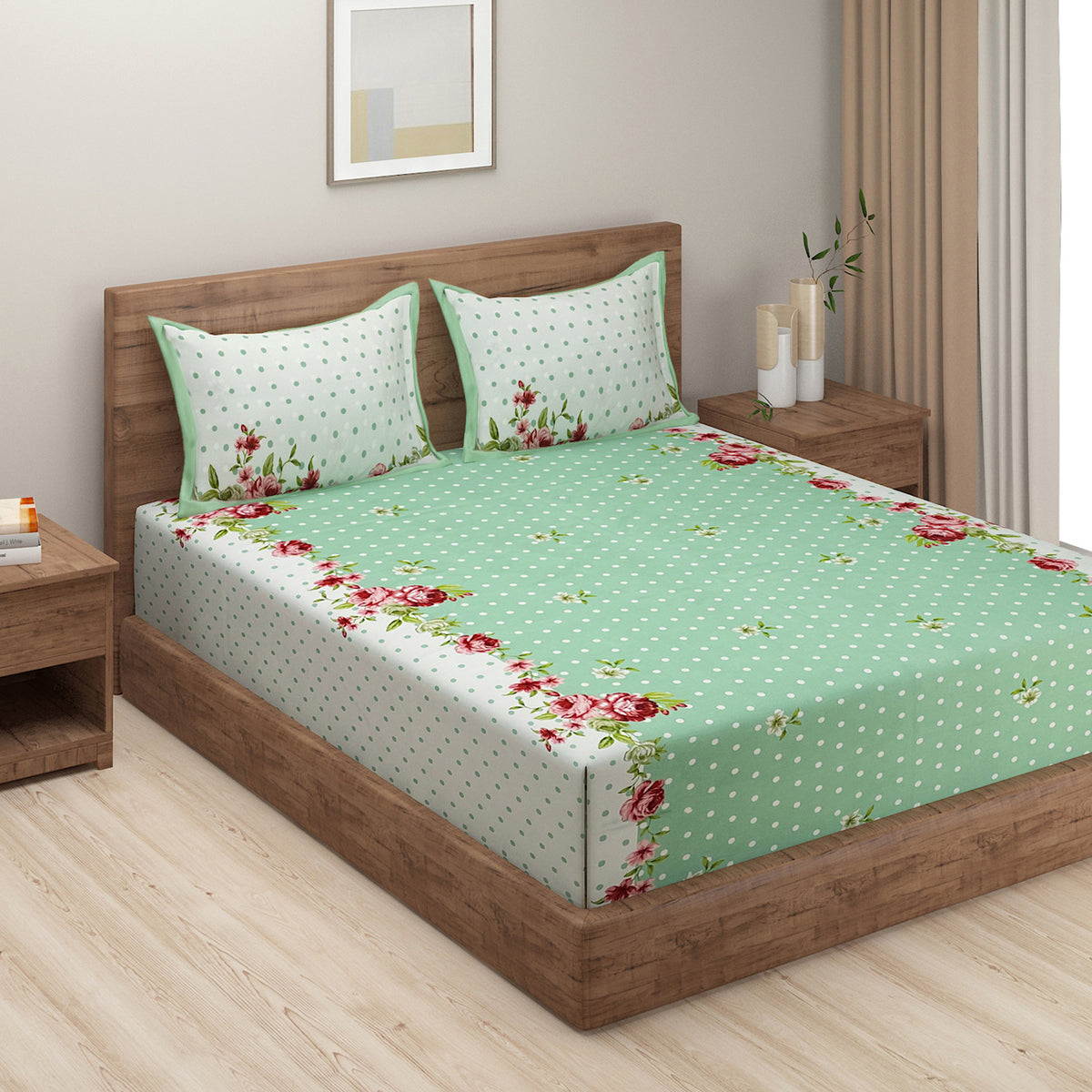 Mint Rose Polka 180 TC Blended Cotton Bedsheet Set with Pillow Cover