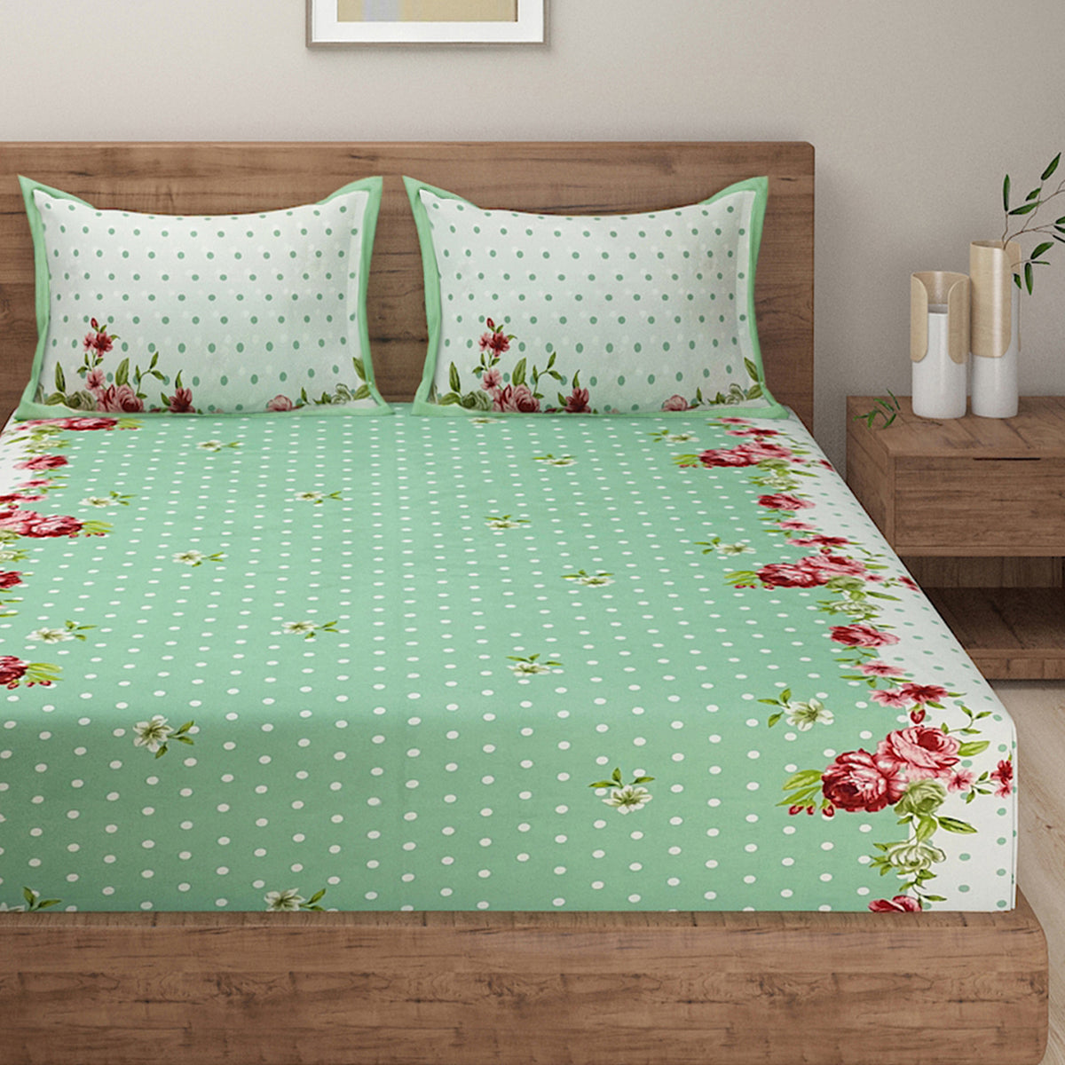 Mint Rose Polka 180 TC Blended Cotton Bedsheet Set with Pillow Cover