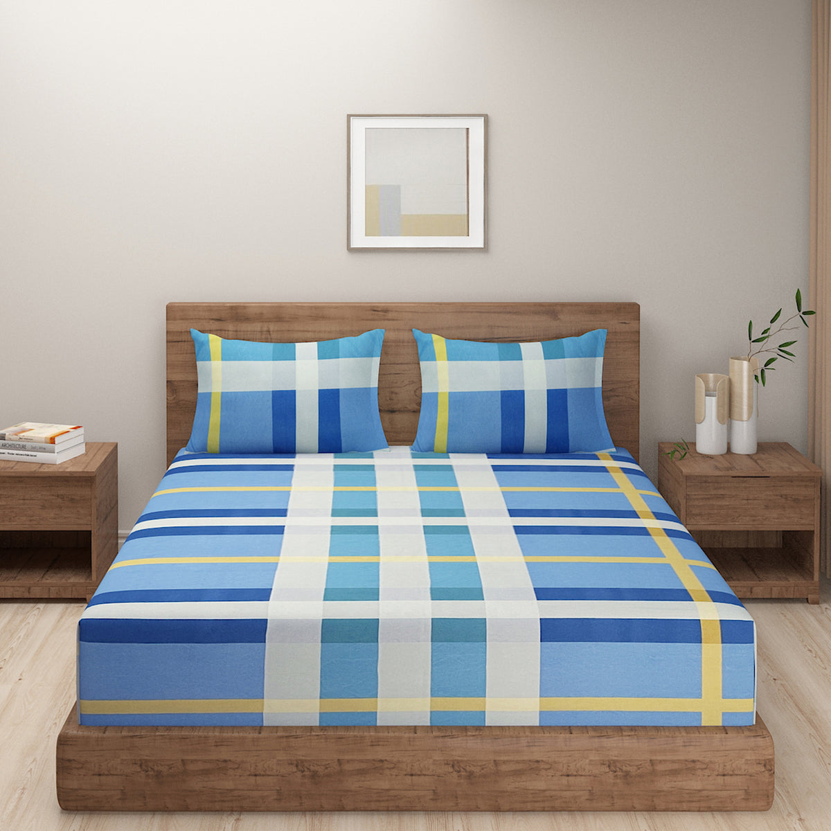 Azure Sunshine Check 180 TC Blended Cotton Bedsheet Set with Pillow Cover