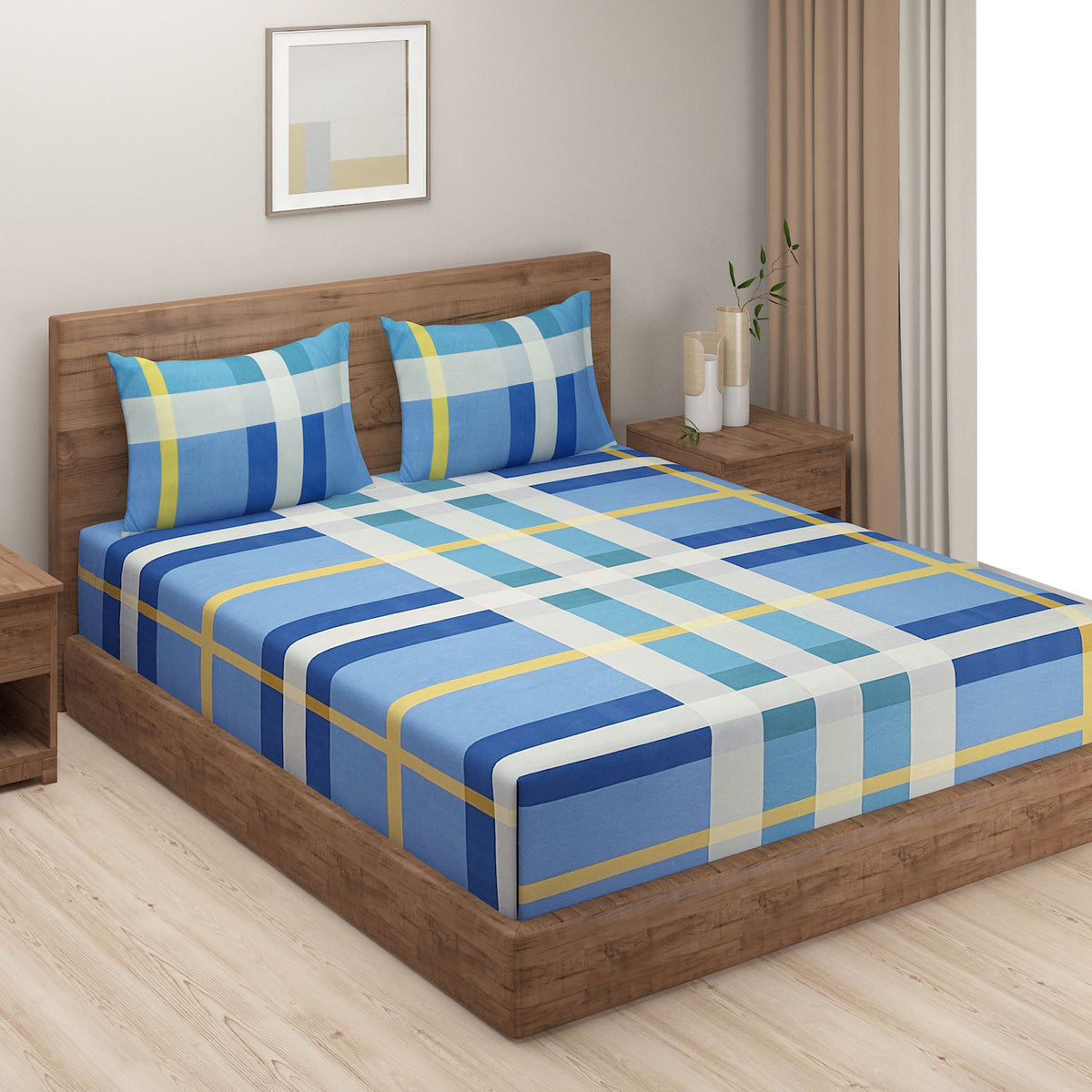 Azure Sunshine Check 180 TC Blended Cotton Bedsheet Set with Pillow Cover