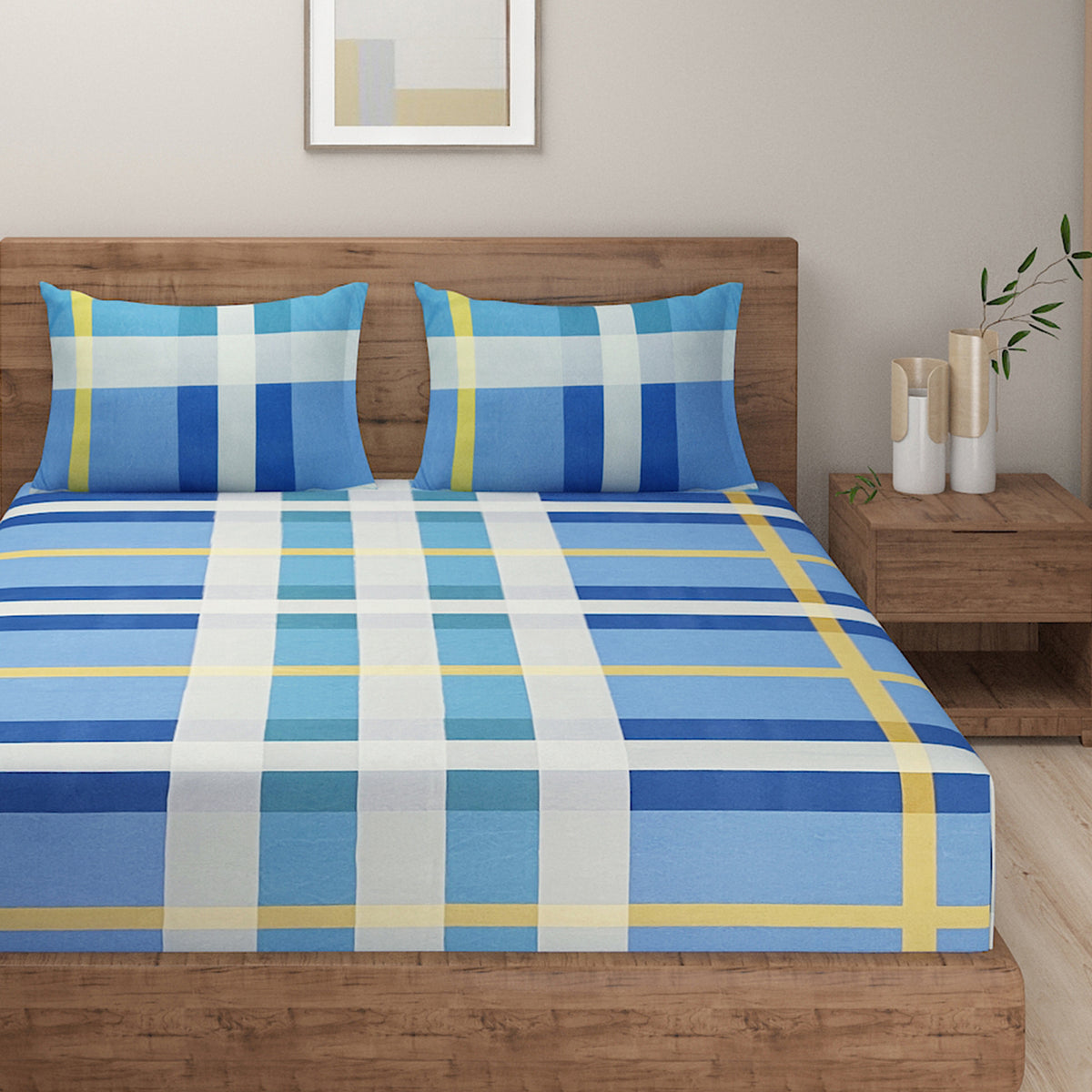 Azure Sunshine Check 180 TC Blended Cotton Bedsheet Set with Pillow Cover