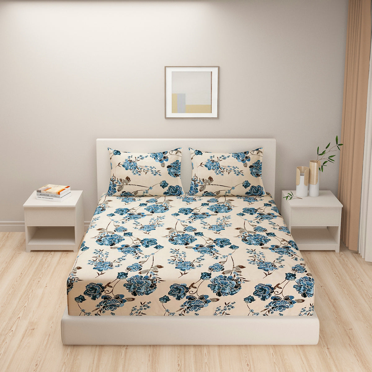 Sapphire Rose Garden 180 TC Blended Cotton Bedsheet Set with Pillow Cover