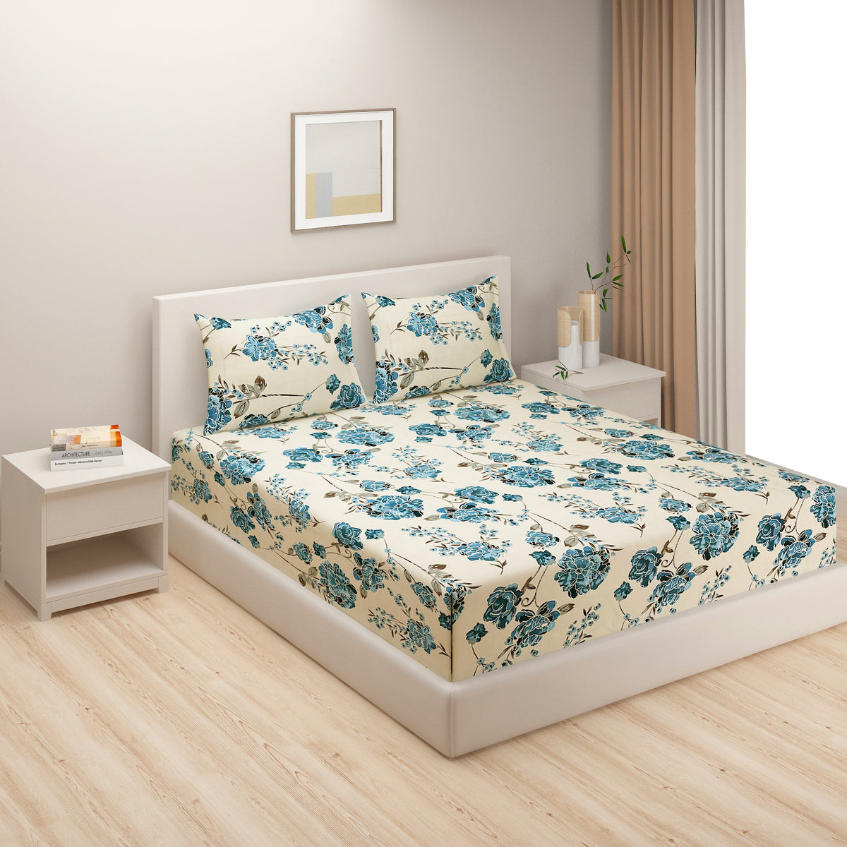 Sapphire Rose Garden 180 TC Blended Cotton Bedsheet Set with Pillow Cover