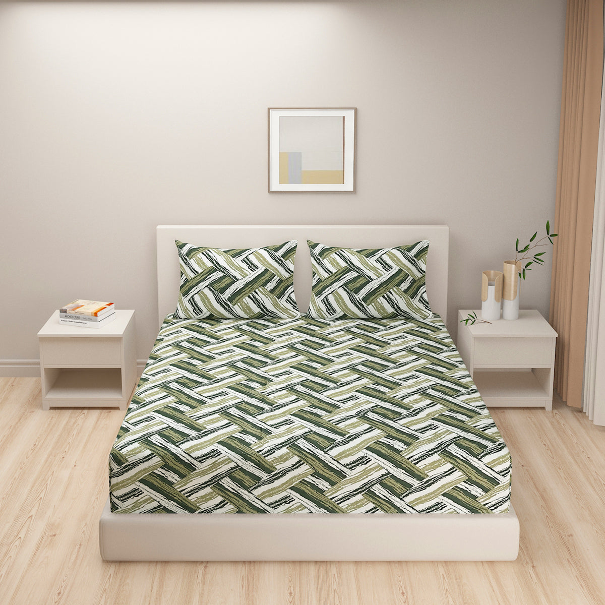 Olive Basket Weave 180 TC Blended Cotton Bedsheet Set with Pillow Cover